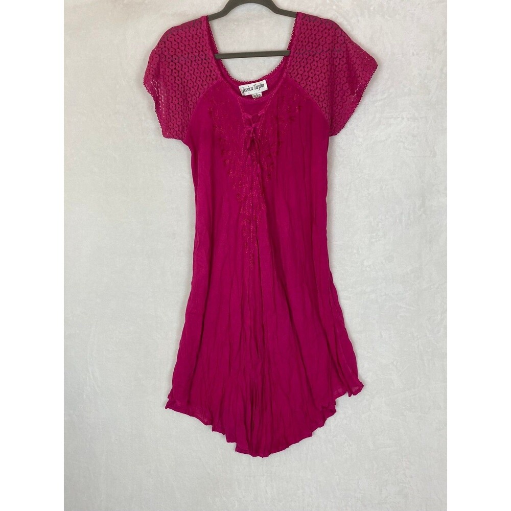 Jessica Taylor Women's 1X Fuchsia Boho Lace-Up Asymmetric Midi Dress Resort